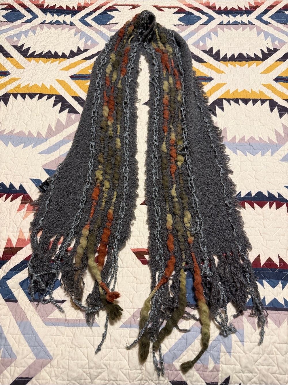 Chunky Textured Gray Fringe Scarf with Olive & Rust Accents